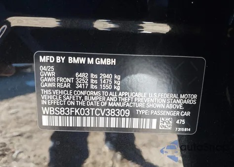 2026 BMW M5 z USA, uszkodzony, nr VIN WBS83FK03TCV38309